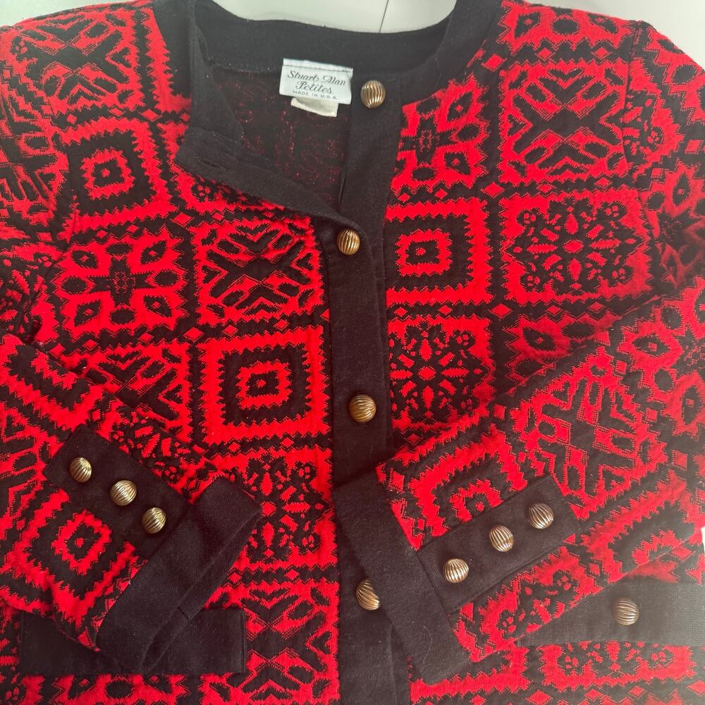 VTG Stuart Alan Black Red Diamond Geometric Button Cardigan Sz 8 USA